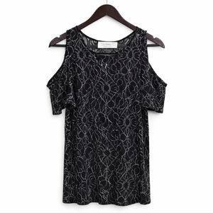 LOFT Black Lace Sheer Cold Shoulder Top Sz Med